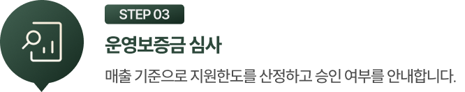 STEP 03 운영보증금 심사: 매출 기준으로 지원한도를 산정하고 승인 여부를 안내합니다.
